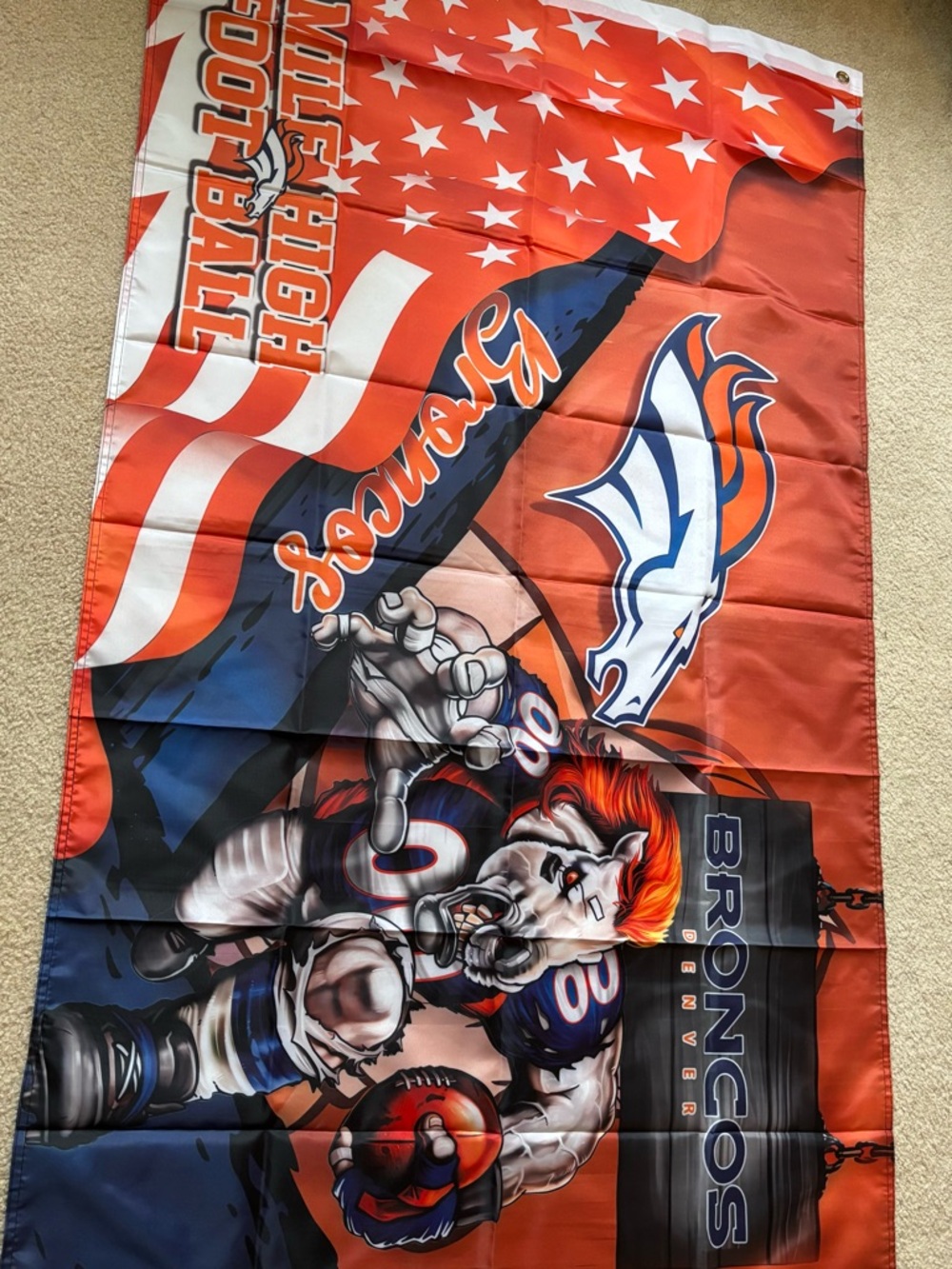 Denver Broncos Flag with Team Logo and Mascot